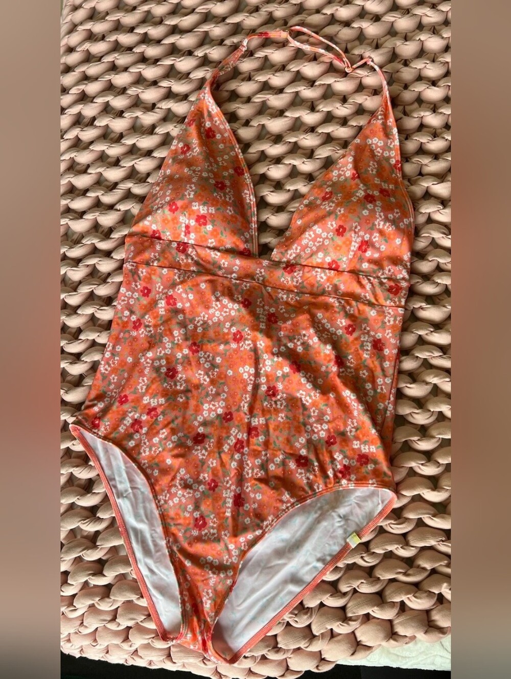 Orange Floral Halter One-Piece Swimsuit